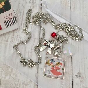 Christmas Snowman Charm Necklace with Bow, Silver Plated